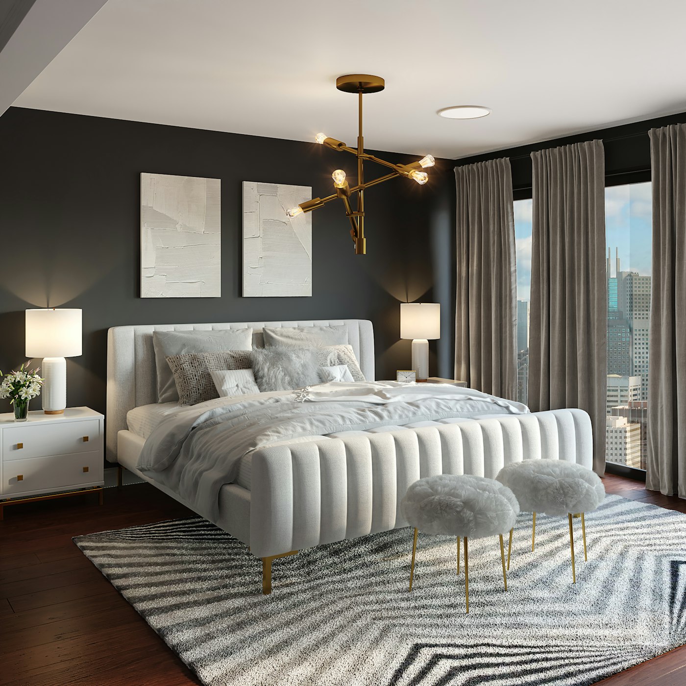 An elegant bedroom with an upholstered statement bed and warm lighting