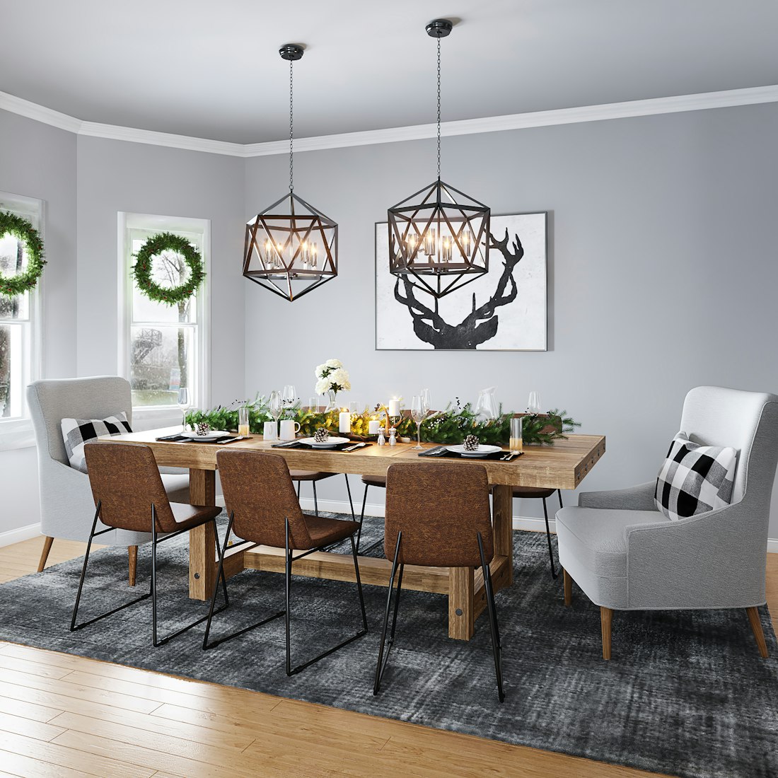 A warm farmhouse dining set with a wood table