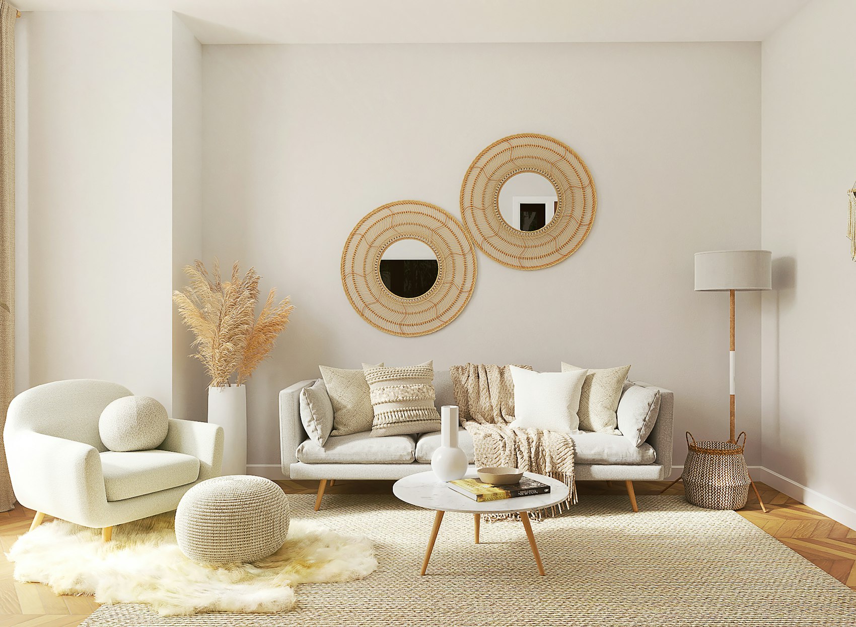 A warm, beautifully styled living room with a sofa, armchair, and natural textures