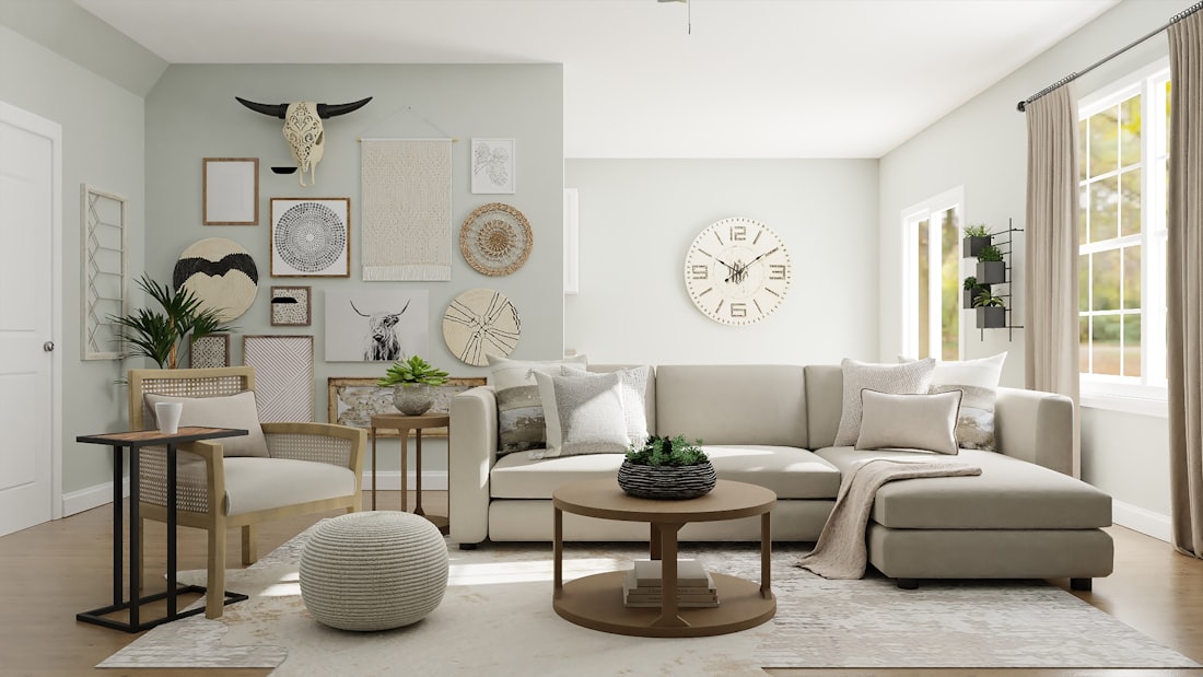 A cozy neutral living room with a sectional and gallery wall