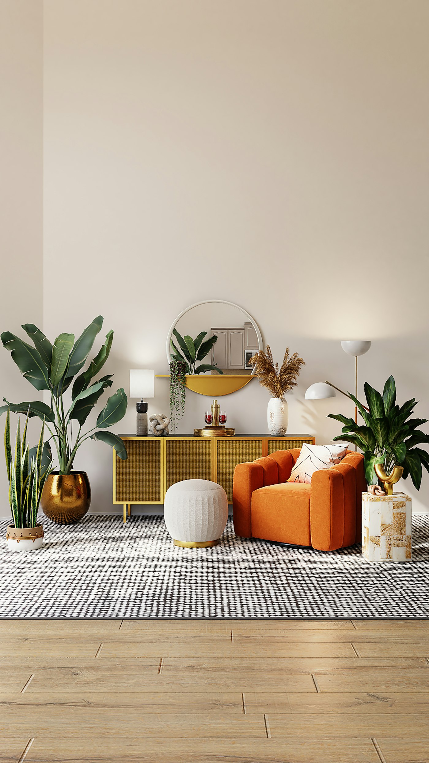 A stylish living room with a velvet accent chair, credenza, and plants