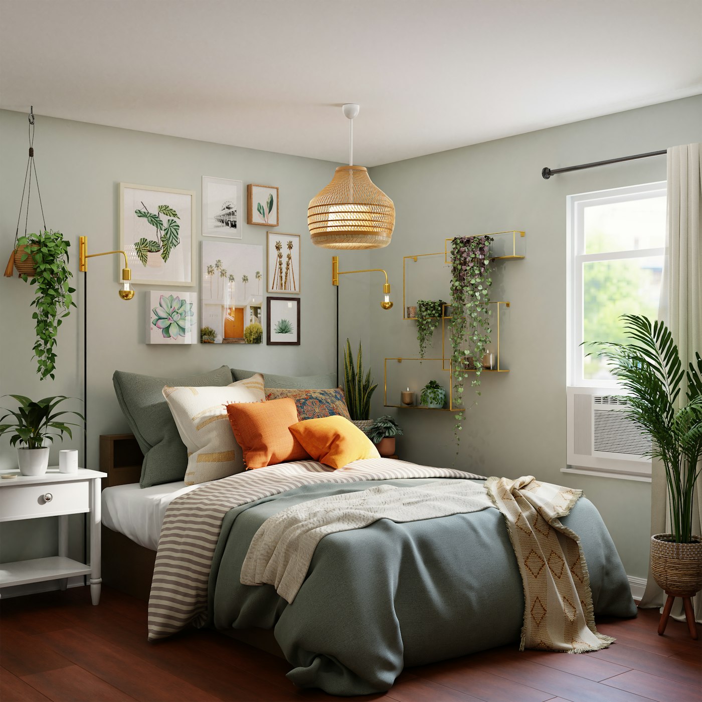 A cozy, restful bedroom with soft bedding and warm tones